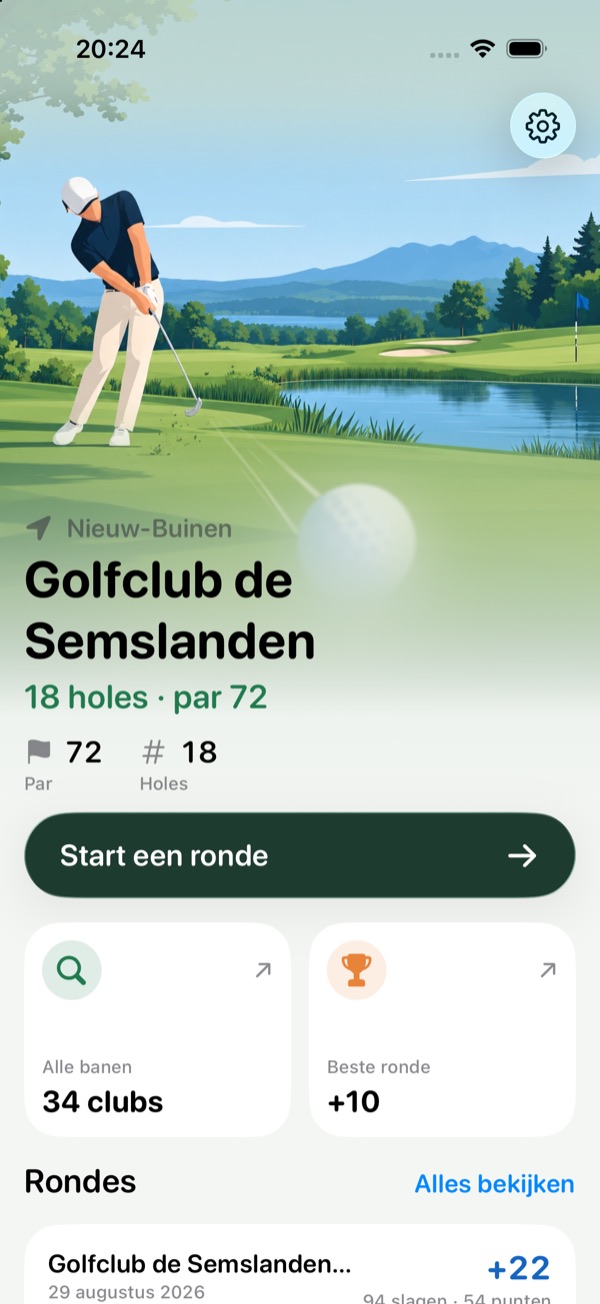 Beginscherm van CaddieWatch met Golfclub de Semslanden en de knop Start een ronde