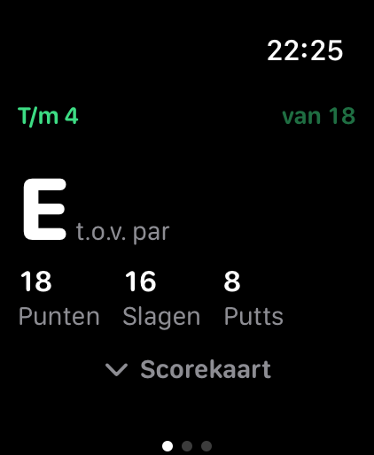 Stand na vier holes: gelijk aan par, 18 punten, 16 slagen, 8 putts